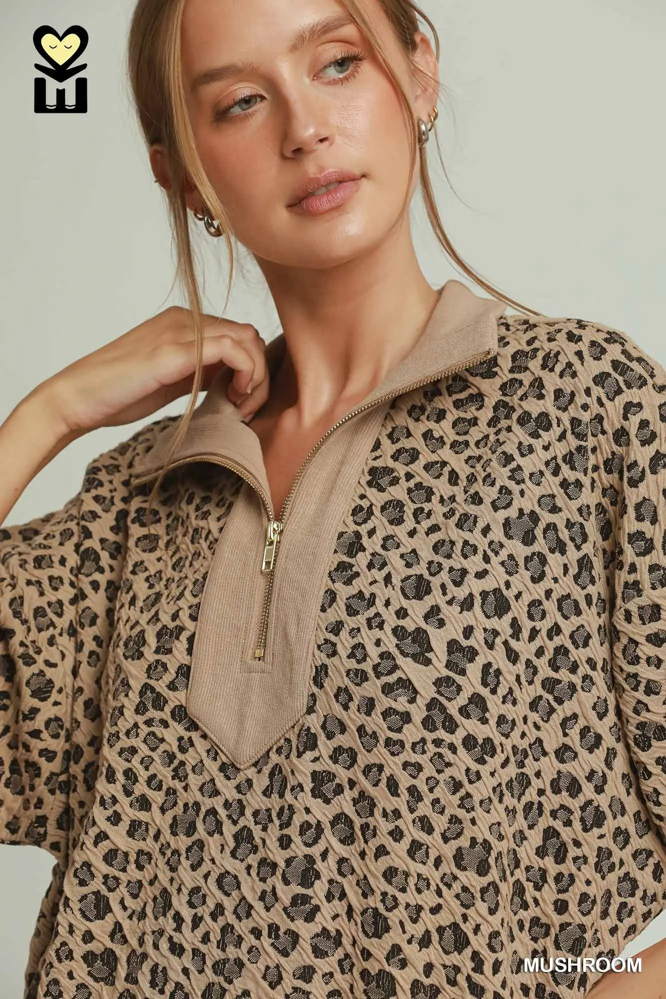 Umgee Leopard Jacquard Half Zip Pullover