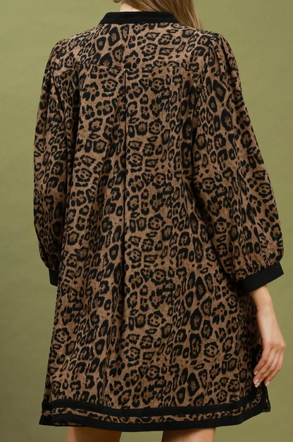Umgee Leopard Print Contrast Trim Puff Sleeve Tunic Dress