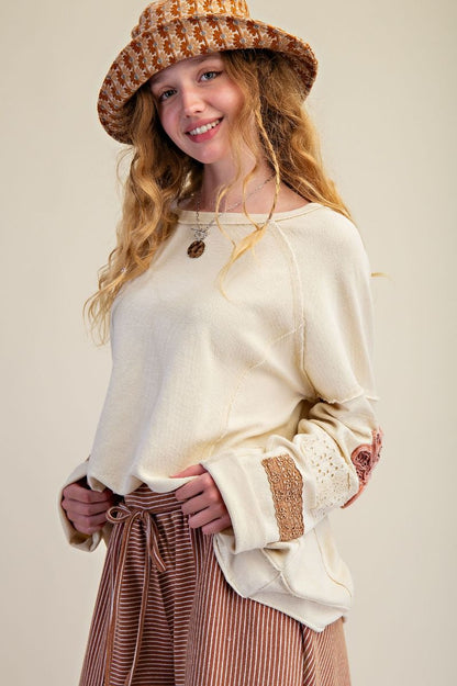 Easel Long Sleeve Boatneck Lace Mineral Washed Pullover