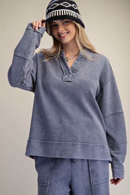 Easel Washed Denim Textured Thermal Washed Pullover