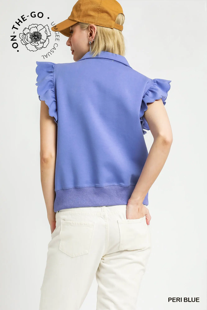 Umgee Peri Blue Ruffled Sleeve Zip Up Top