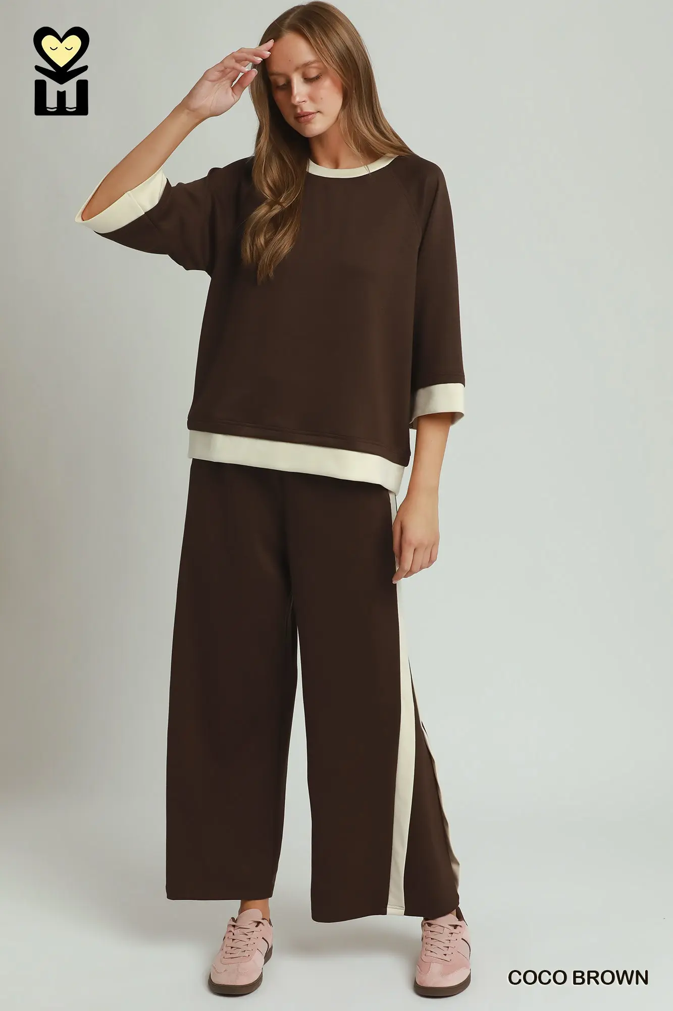Umgee Coco Brown LUXEKNIT Colorblock Crewneck Raglan Sleeve Top