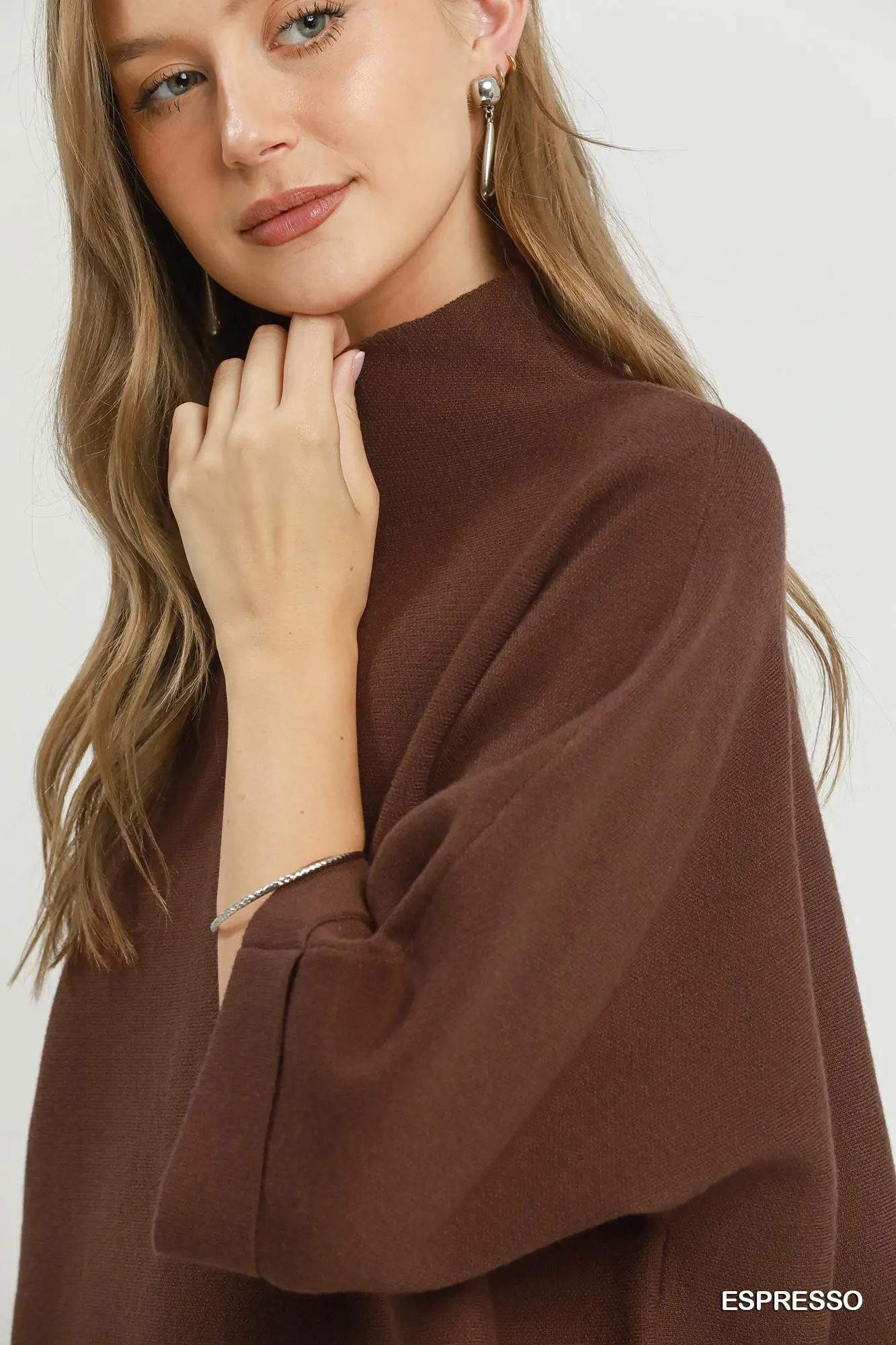 Umgee Espresso Mock Neck Dolman Sleeve Sweater Top