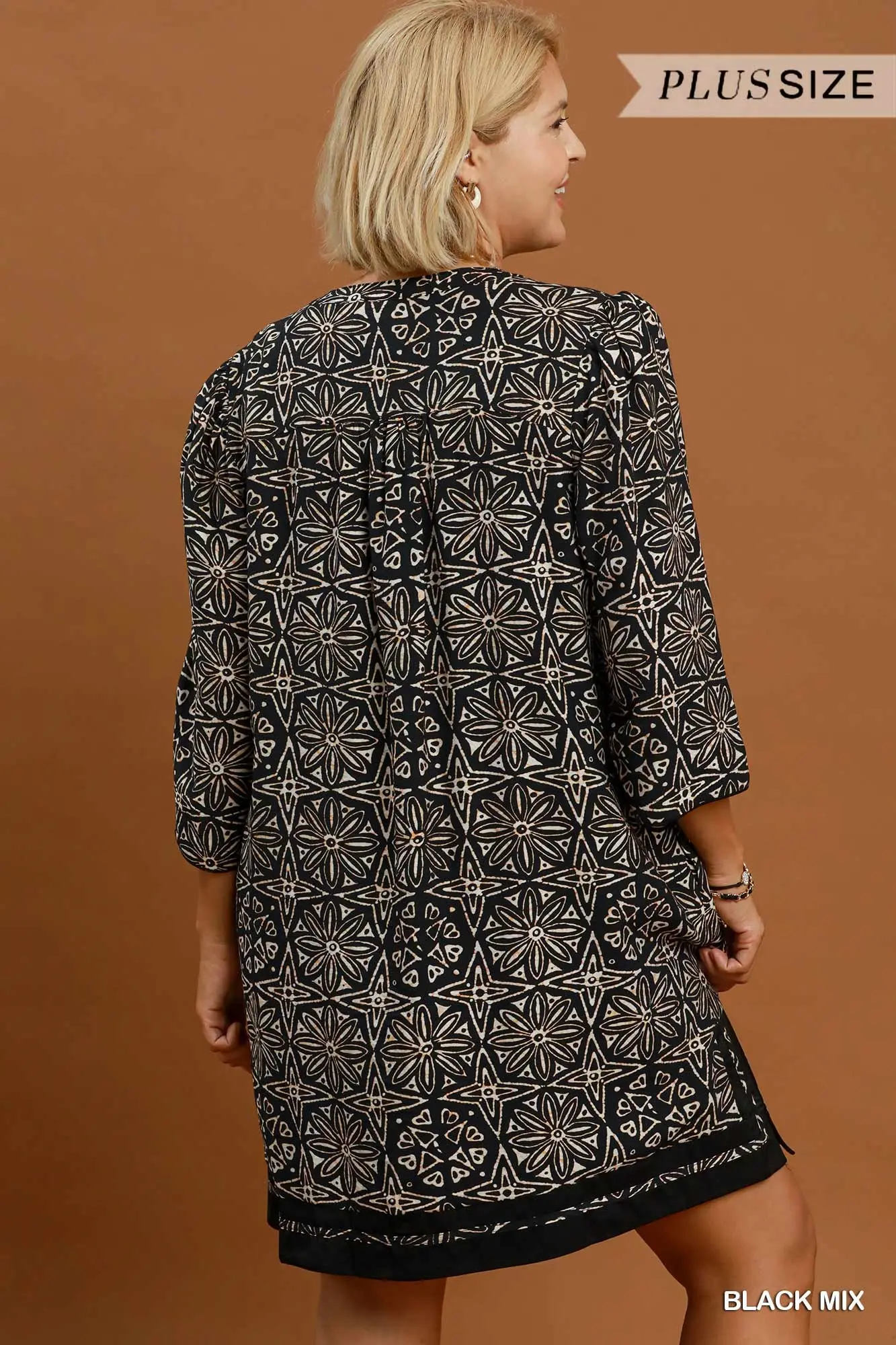Umgee Plus Size Black Mix Geometric Print V-Neck Tassel Detail Tunic Dress