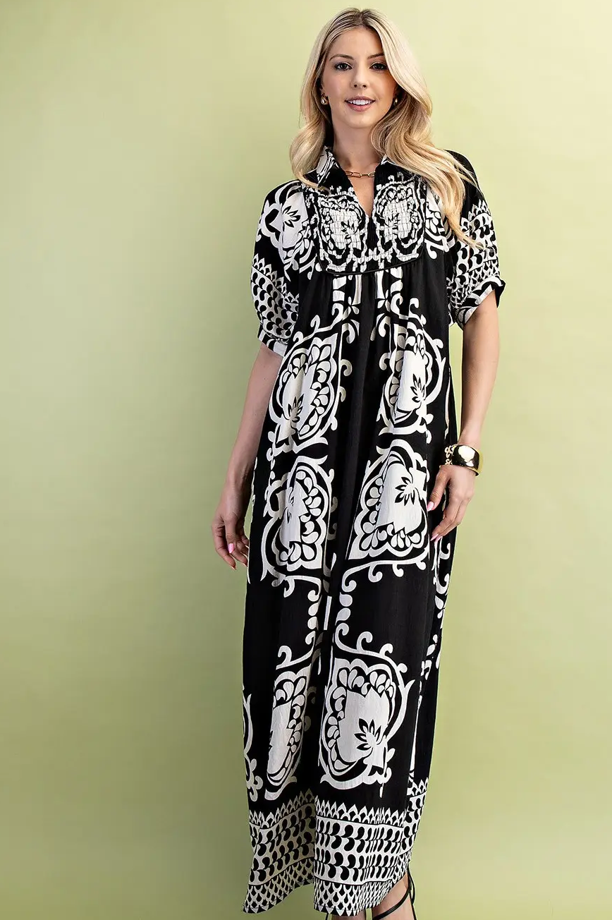 Gigio Black Mixed Print Short Puff Sleeve Midi Dress with a Smocked Front Yoke