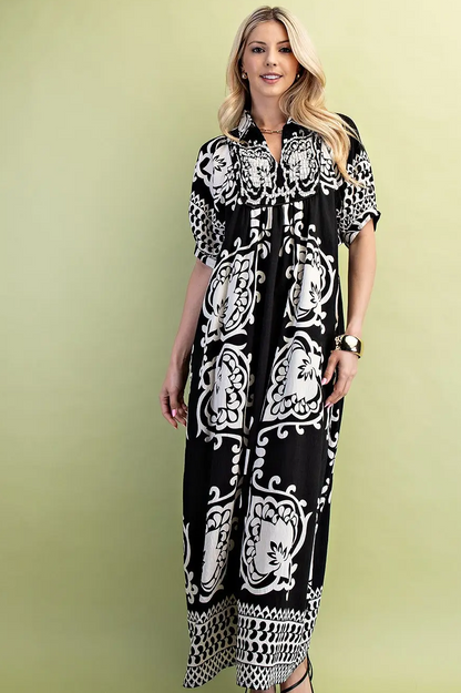 Gigio Black Mixed Print Short Puff Sleeve Midi Dress with a Smocked Front Yoke