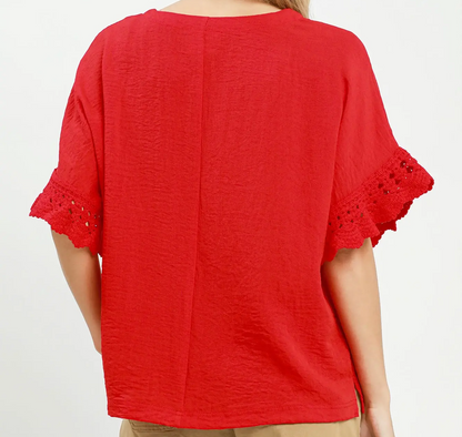 Umgee Tomato Red Crochet Trim Top