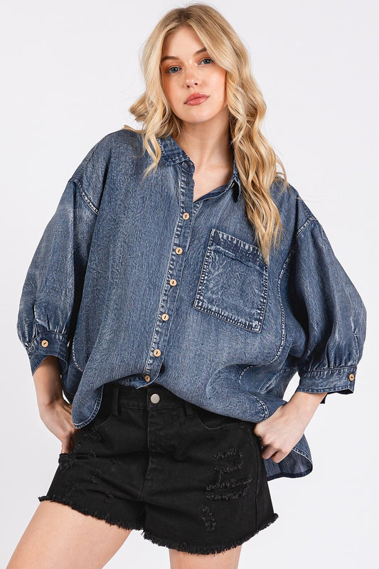 MittoShop Dark Denim Washed Tencel Chambray Dolman Sleeve Shirt