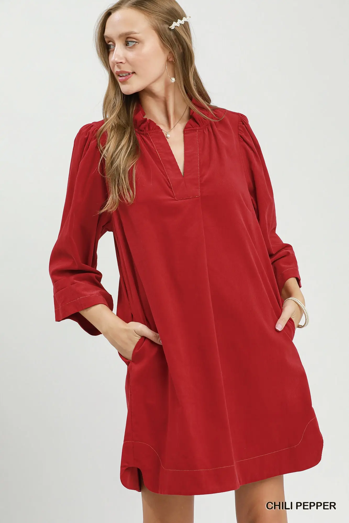 Umgee Chili Pepper Corduroy Split Neck Puff Sleeve Shift Dress