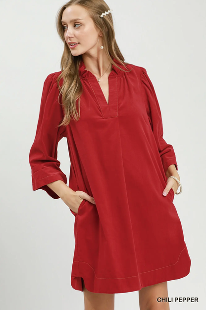 Umgee Chili Pepper Corduroy Split Neck Puff Sleeve Shift Dress