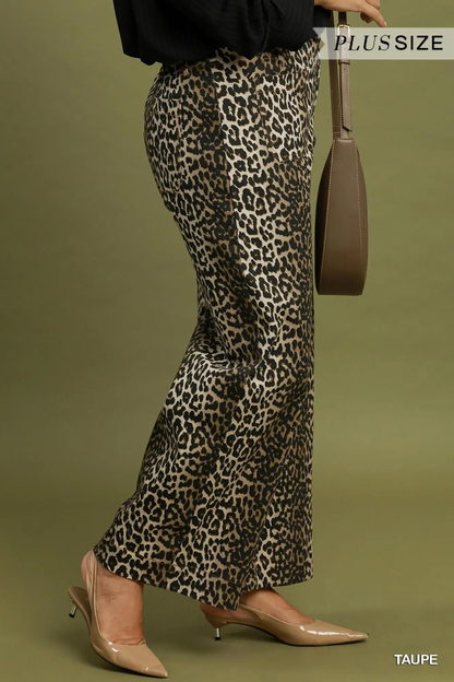 Umgee Plus Size Taupe Leopard Print Wide Leg Pants