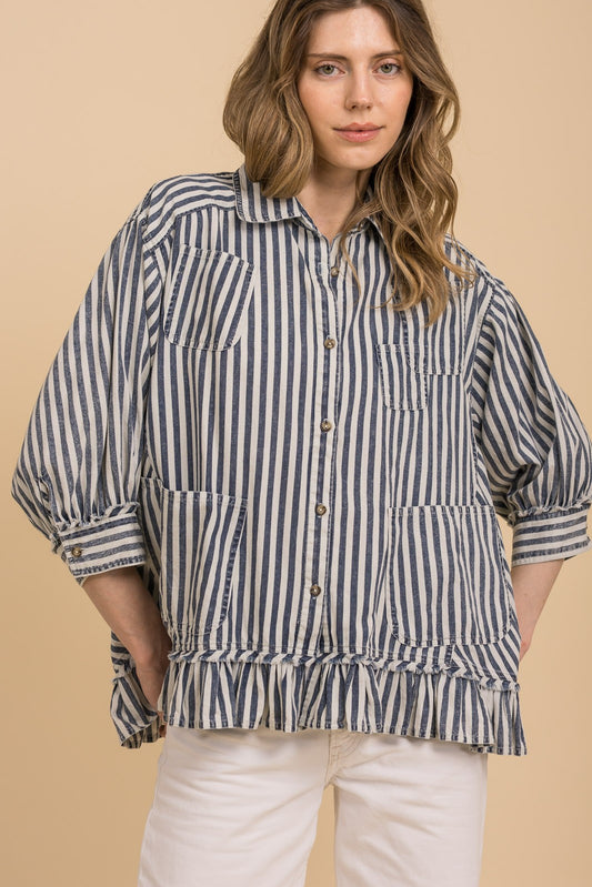 BlueVelvet Striped Denim 3/4 Sleeve Button Down Shirt