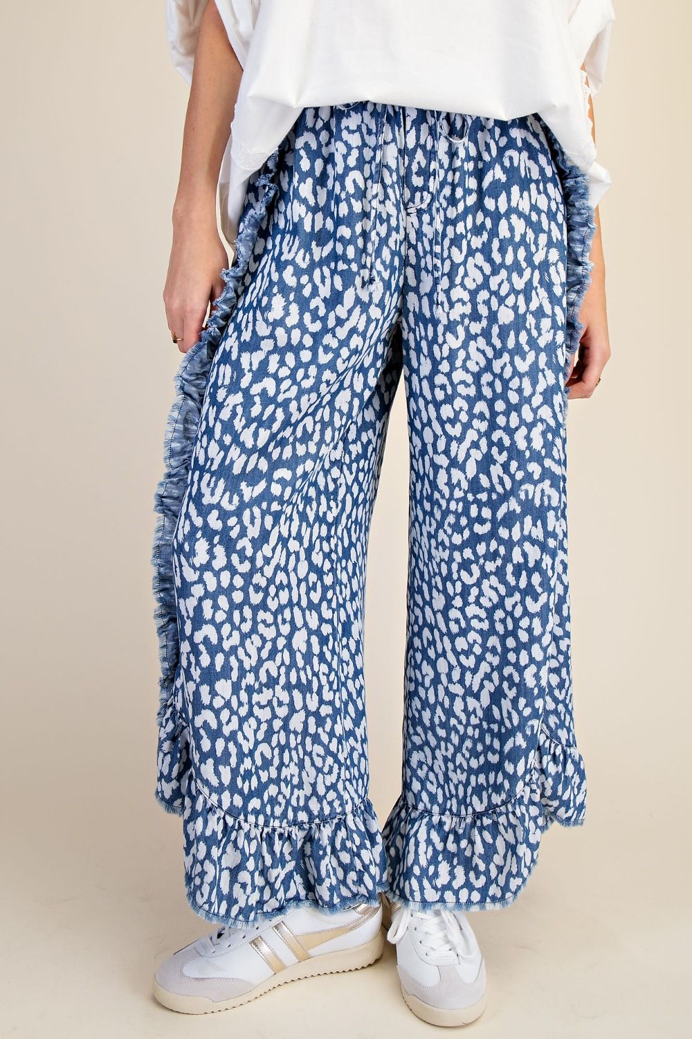Easel Plus Size Animal Printed Chambray Frayed Detailed Pants