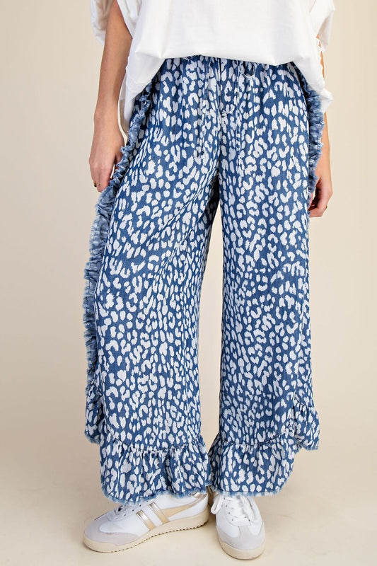 Easel Plus Size Animal Printed Chambray Frayed Detailed Pants