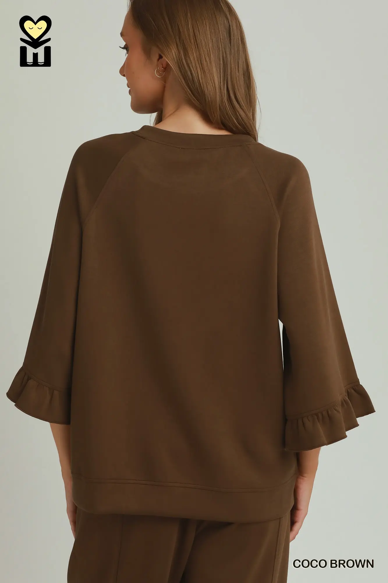 Umgee Plus Size Coco Brown SELECT LUXEKNIT Round Neck Ruffle Tier Raglan Sleeve Top