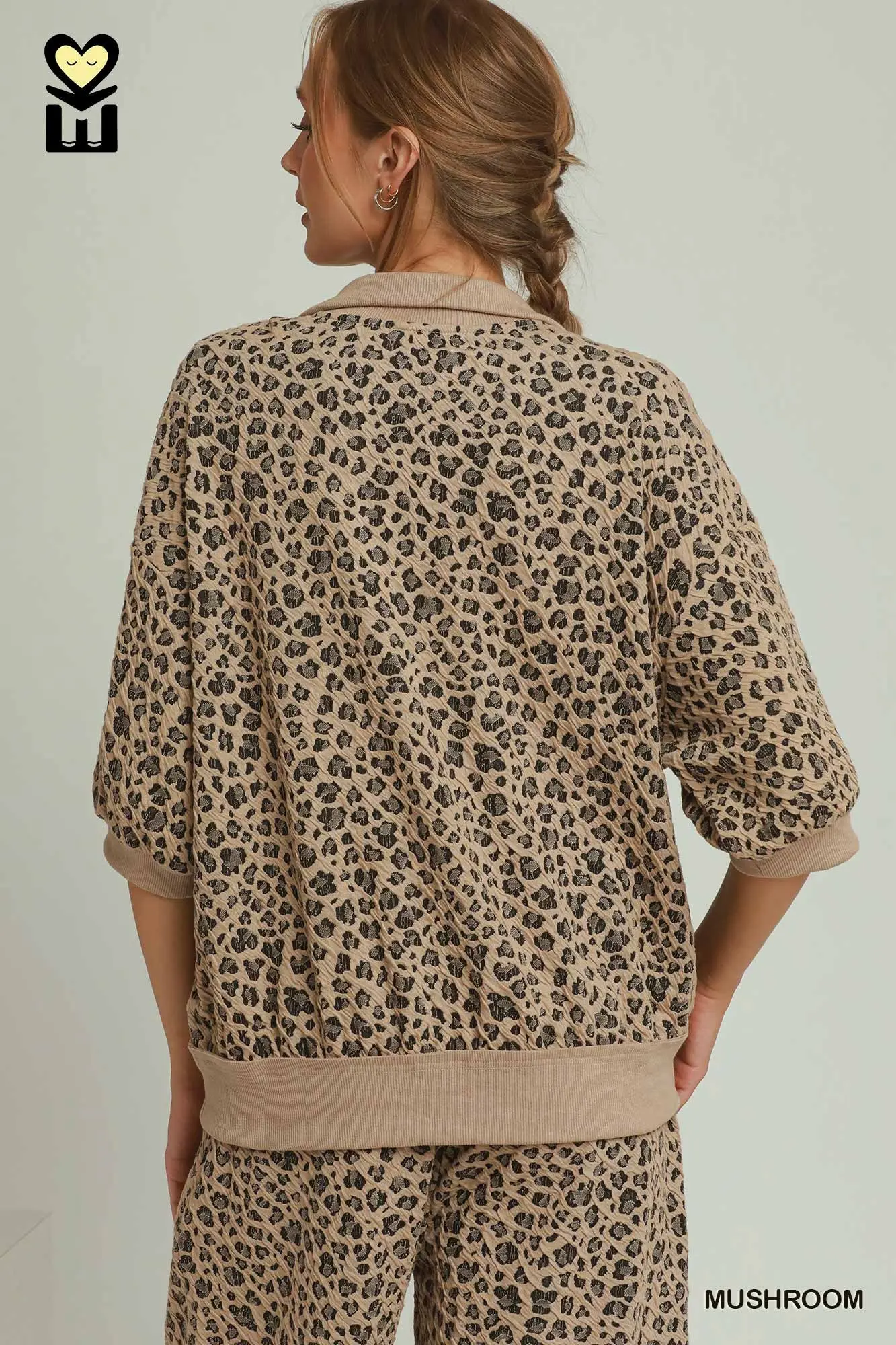 Umgee Leopard Jacquard Half Zip Pullover