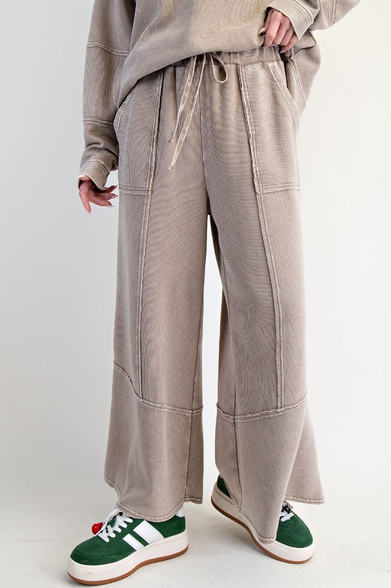 Easel Light Mocha Textured Mineral Washed Bell Bottom Pants