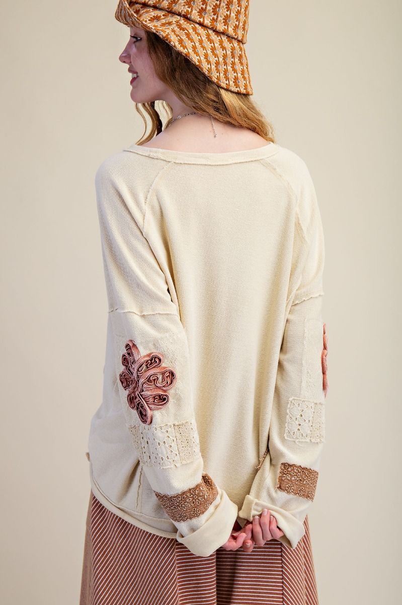 Easel Long Sleeve Boatneck Lace Mineral Washed Pullover