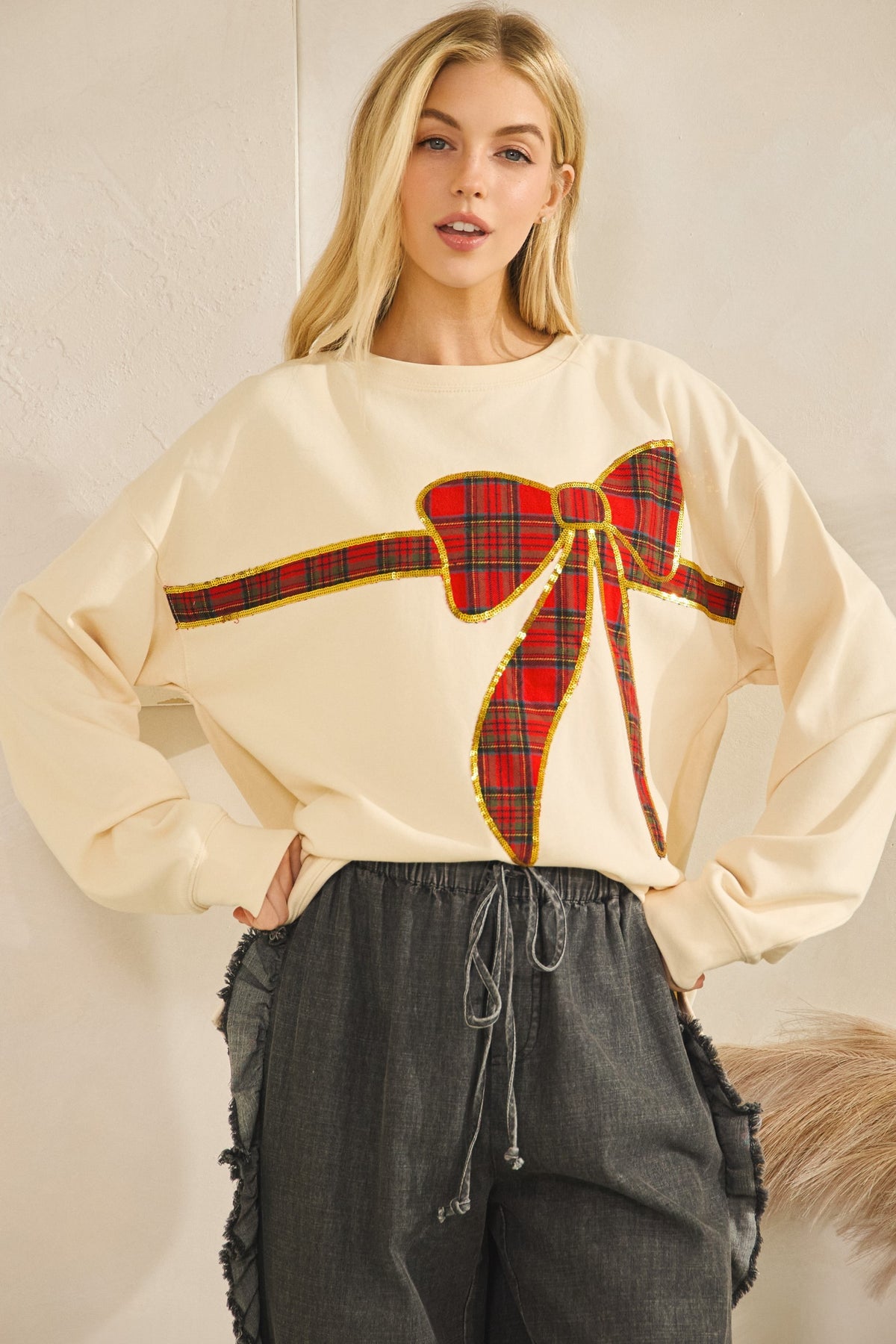 Sage + Fig Tartan Bow Pullover