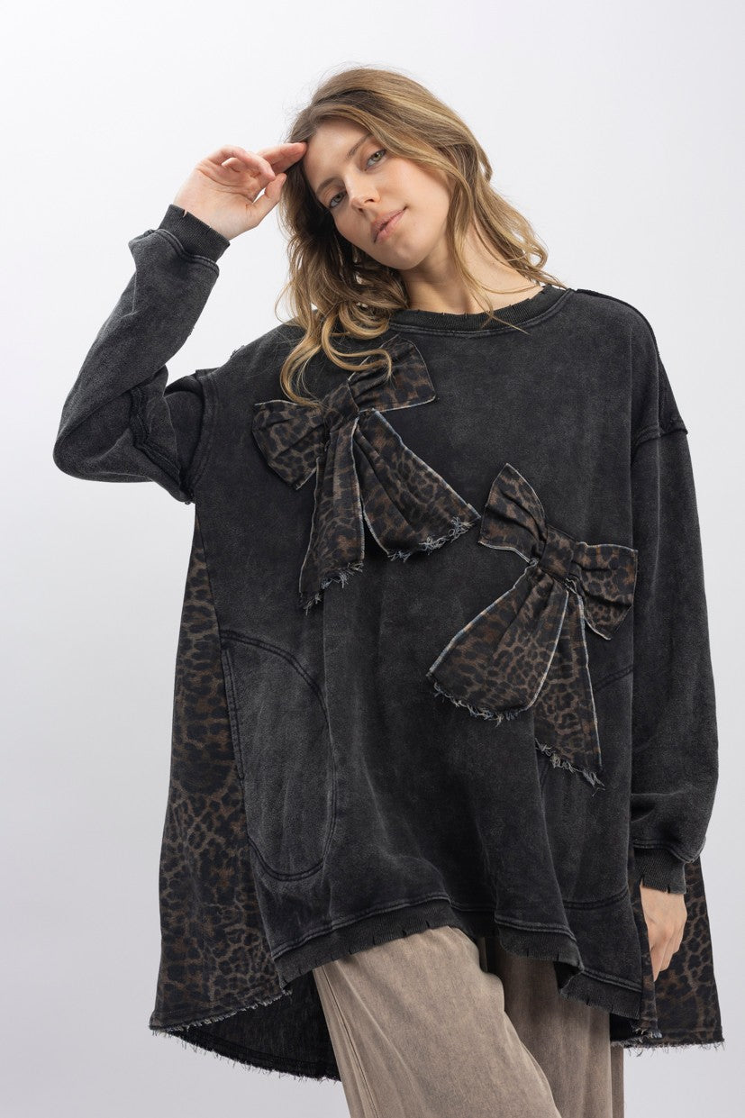 Bluevelvet Leopard Print Ribbon Patchwork Top