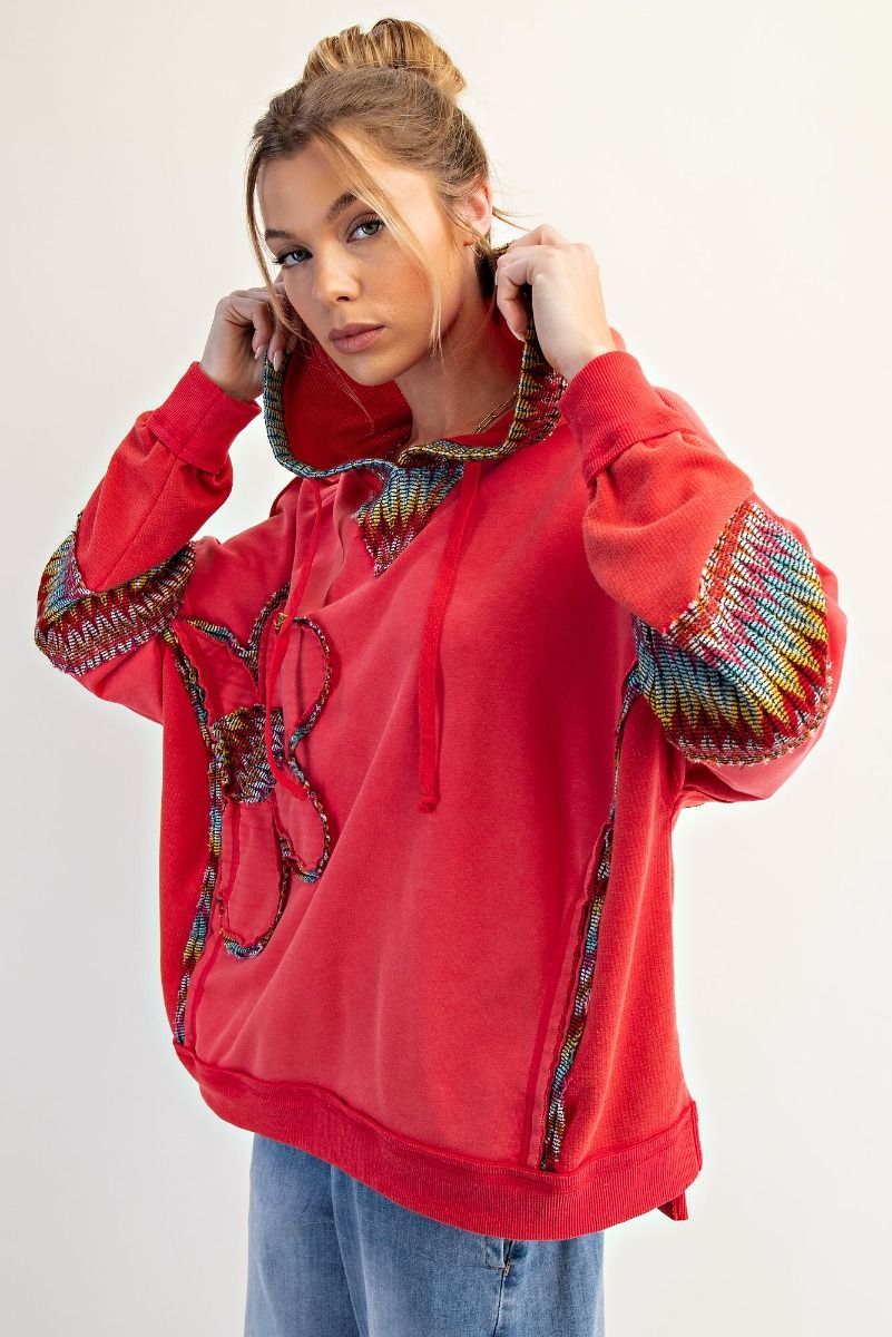 Easel Daisy Patch Washed Terry Hoodie Pullover