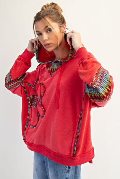 Easel Daisy Patch Washed Terry Hoodie Pullover