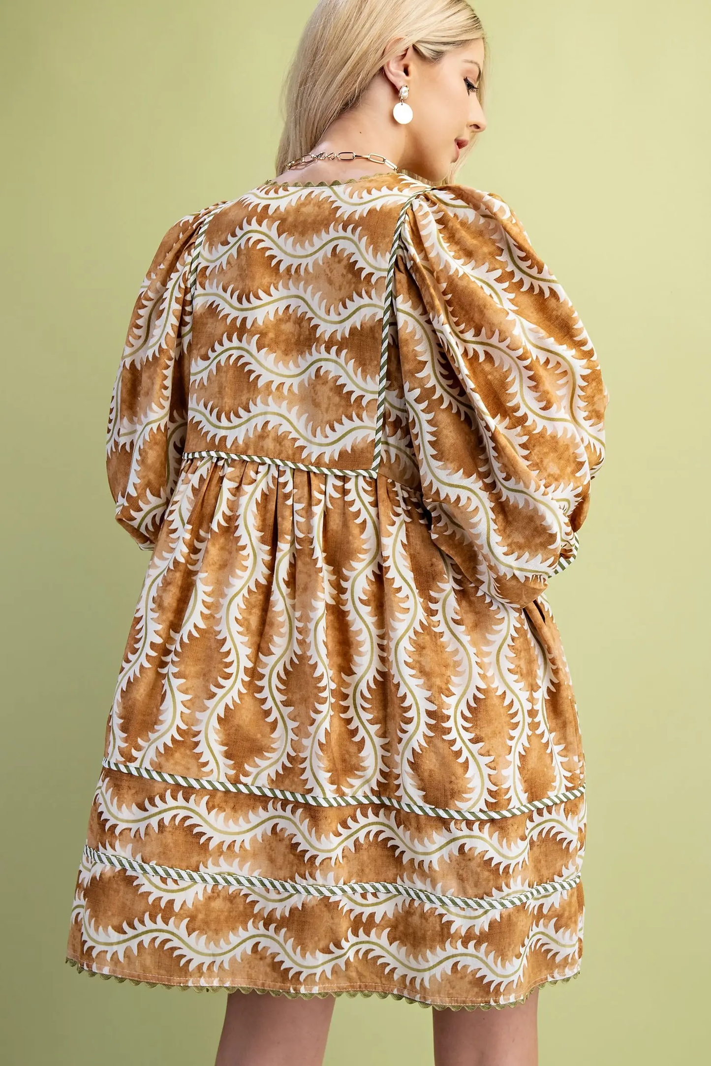 Gigio Printed V-Neck Mini Dress with Striped Binding and Ric-Rac Trim Details