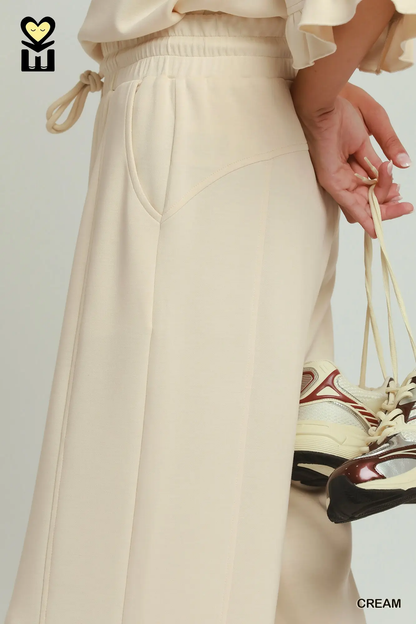 Umgee Cream SELECT LUXEKNIT Wide Leg Pants with Elastic Waistband & Drawstring