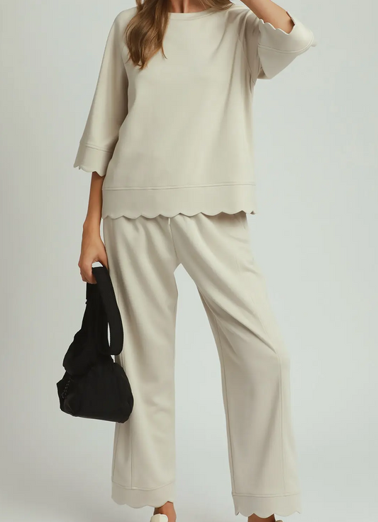 Umgee Ecru LUXEKNIT Scalloped Hem Straight Pants