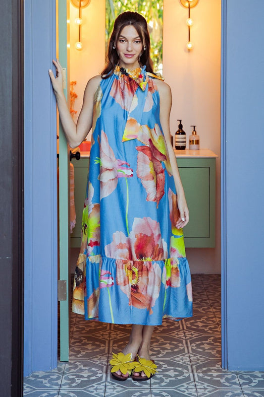 Glam Blue Ruffle Neck Tie Sleeveless Midi Floral Dress