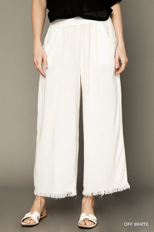 Umgee Off White Frayed Hem Wide-Leg Pants