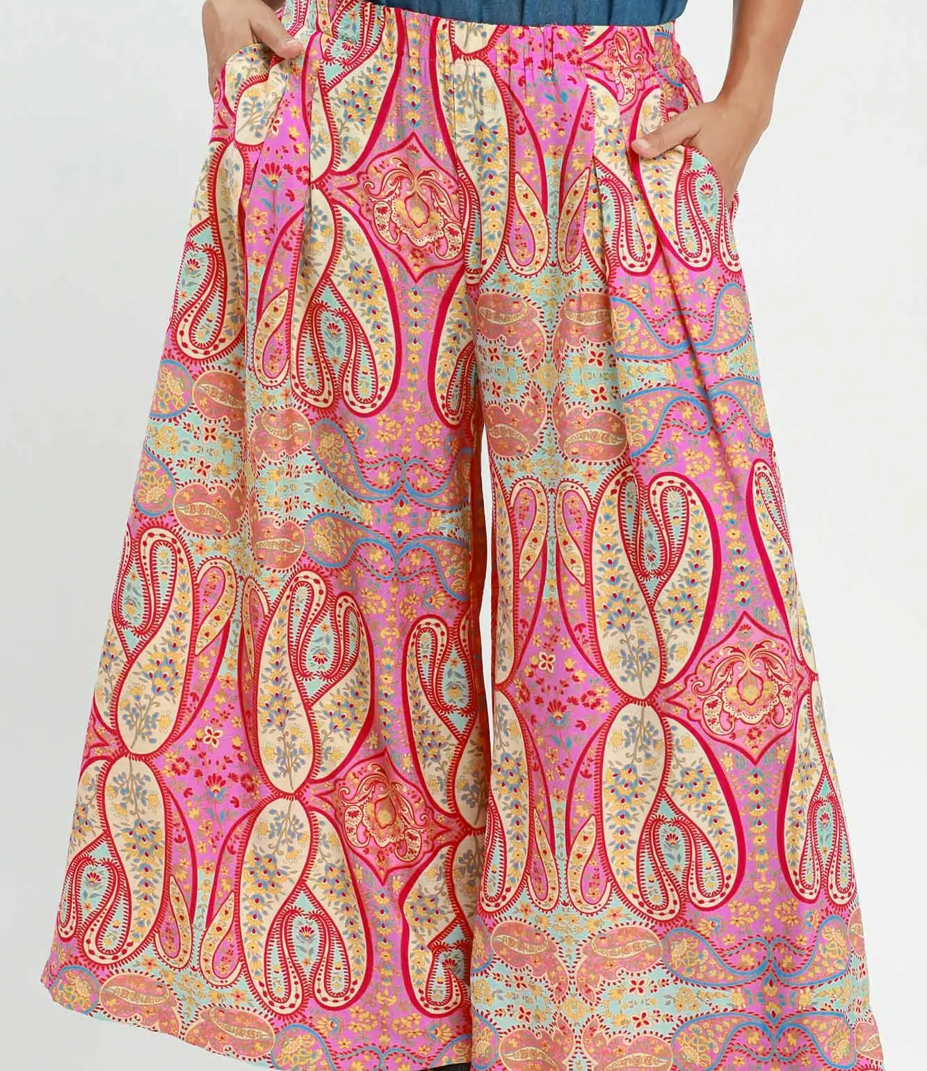 Umgee Pink Mix Printed Pull On Wide Leg Pants