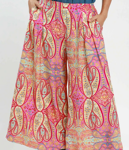 Umgee Pink Mix Printed Pull On Wide Leg Pants