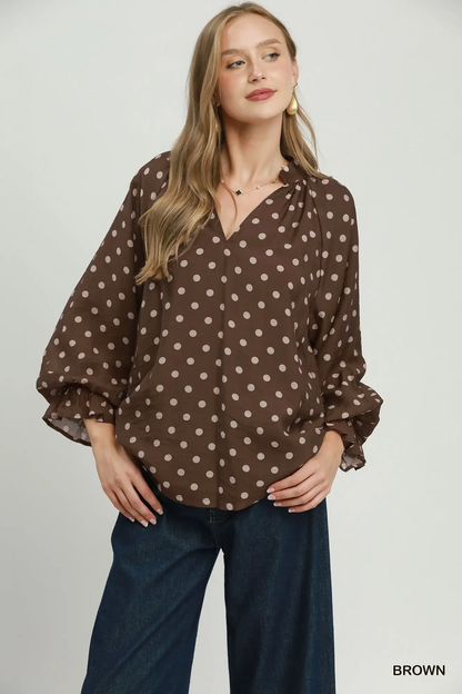 Umgee Brown Polka Dot Split Neck Blouse with Ruffle Cuffs