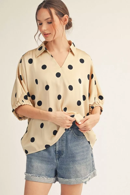 Jodifl Taupe & Black Polka Dot Top