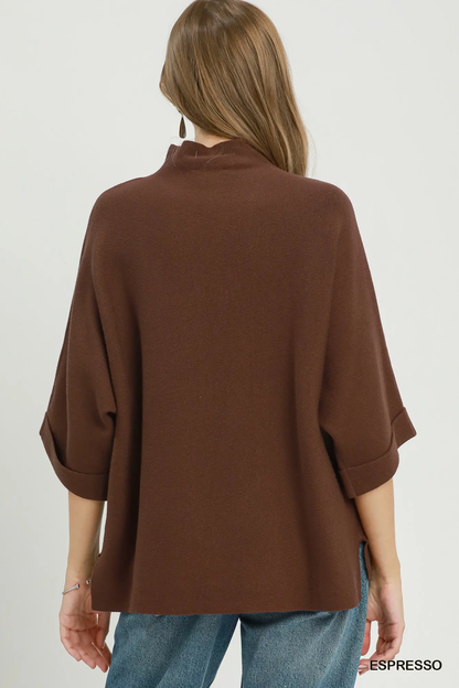 Umgee Espresso Mock Neck Dolman Sleeve Sweater Top