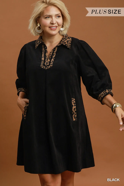 Umgee Plus Size Black V-Neck Shift Dress with Contrast Trim