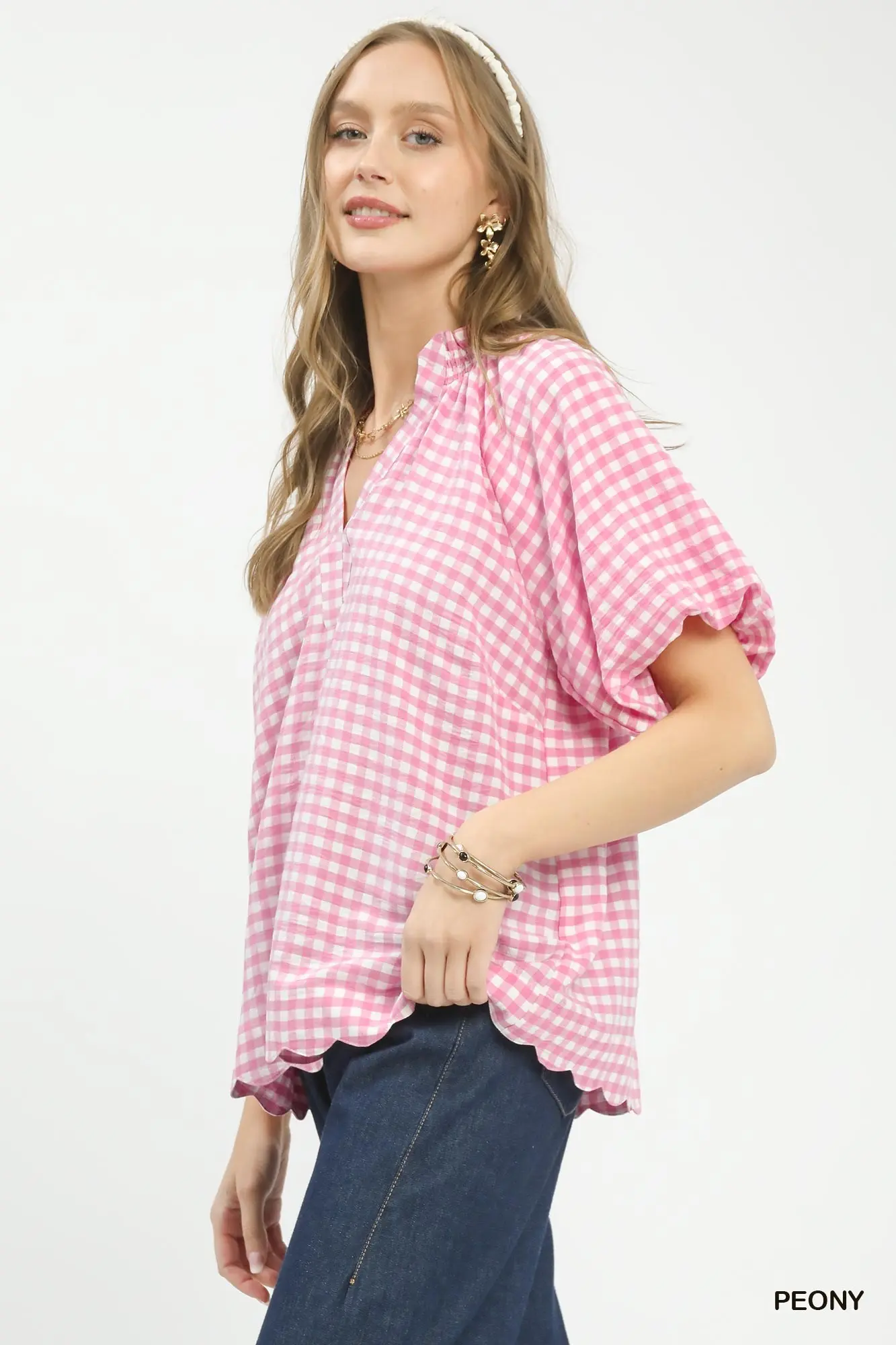 Umgee Peony Gingham Bubble Sleeve V-Neck Top w/ Scallop Hem