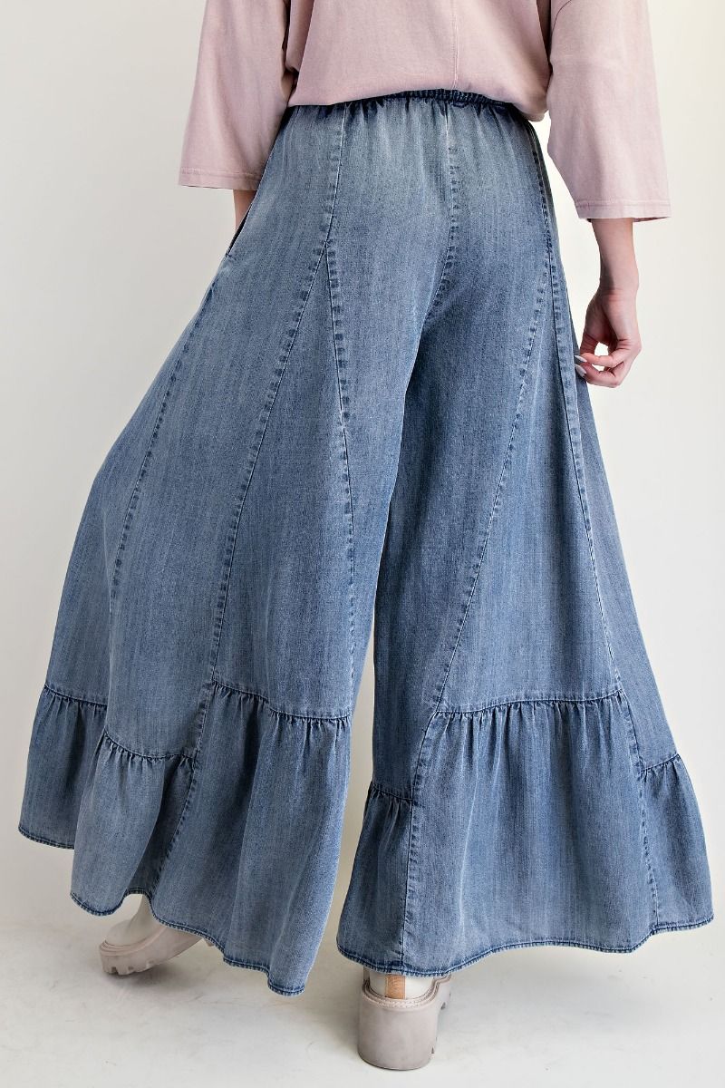 Easel Ruffle Bottom Hem Washed Denim Palazzo Pants