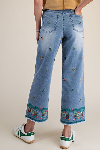 Easel Flower Embroidered Denim Pants