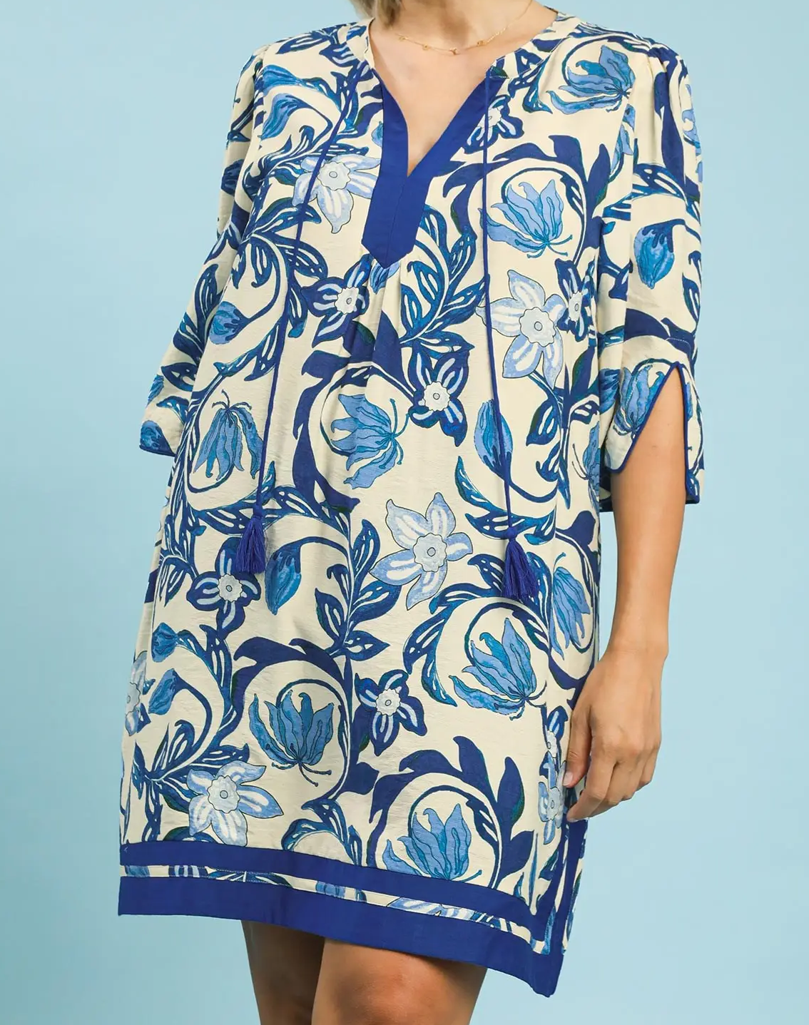 Umgee Plus Size Blue Mix Floral Print Dress w/ Tassel Tie Neck
