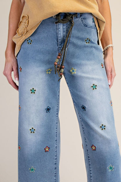 Easel Flower Embroidered Denim Pants