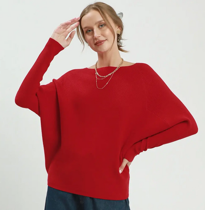 Umgee Red Boat Neck Knit Sweater Top