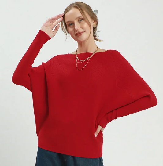 Umgee Red Boat Neck Knit Sweater Top
