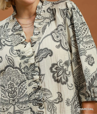 Umgee Plus Size Charcoal Abstract Print Top with Smocked Ruffled Details