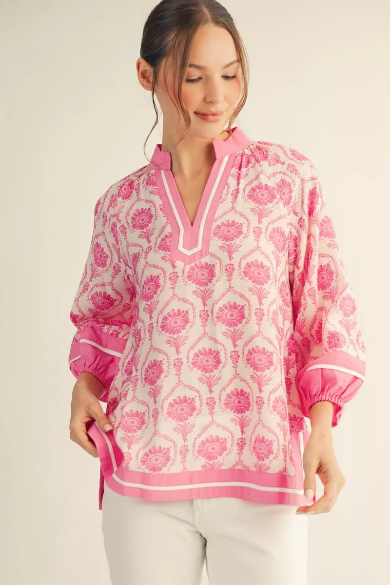Jodifl Plus Size Pink Boho Print Top