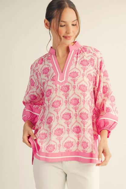 Jodifl Plus Size Pink Boho Print Top