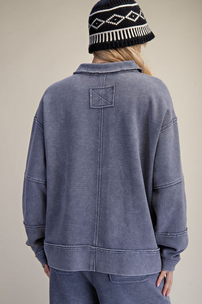 Easel Washed Denim Textured Thermal Washed Pullover