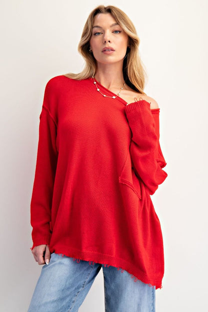 Easel Poppy Red Long Sleeve Knitted Sweater