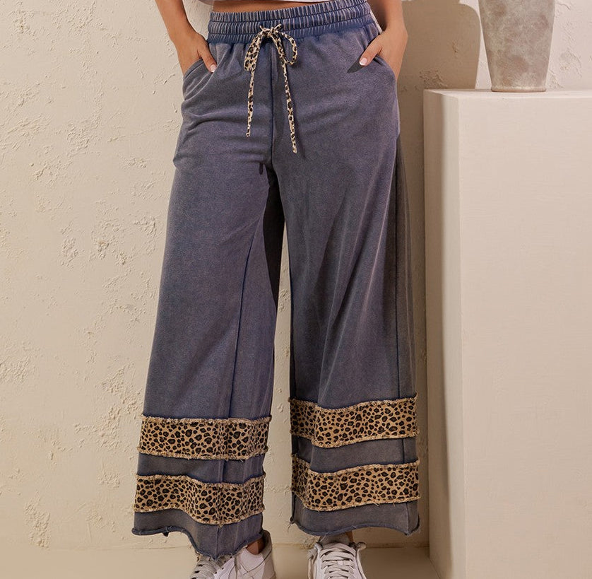 Sage + Fig Denim Leopard Trim Lounge Pants